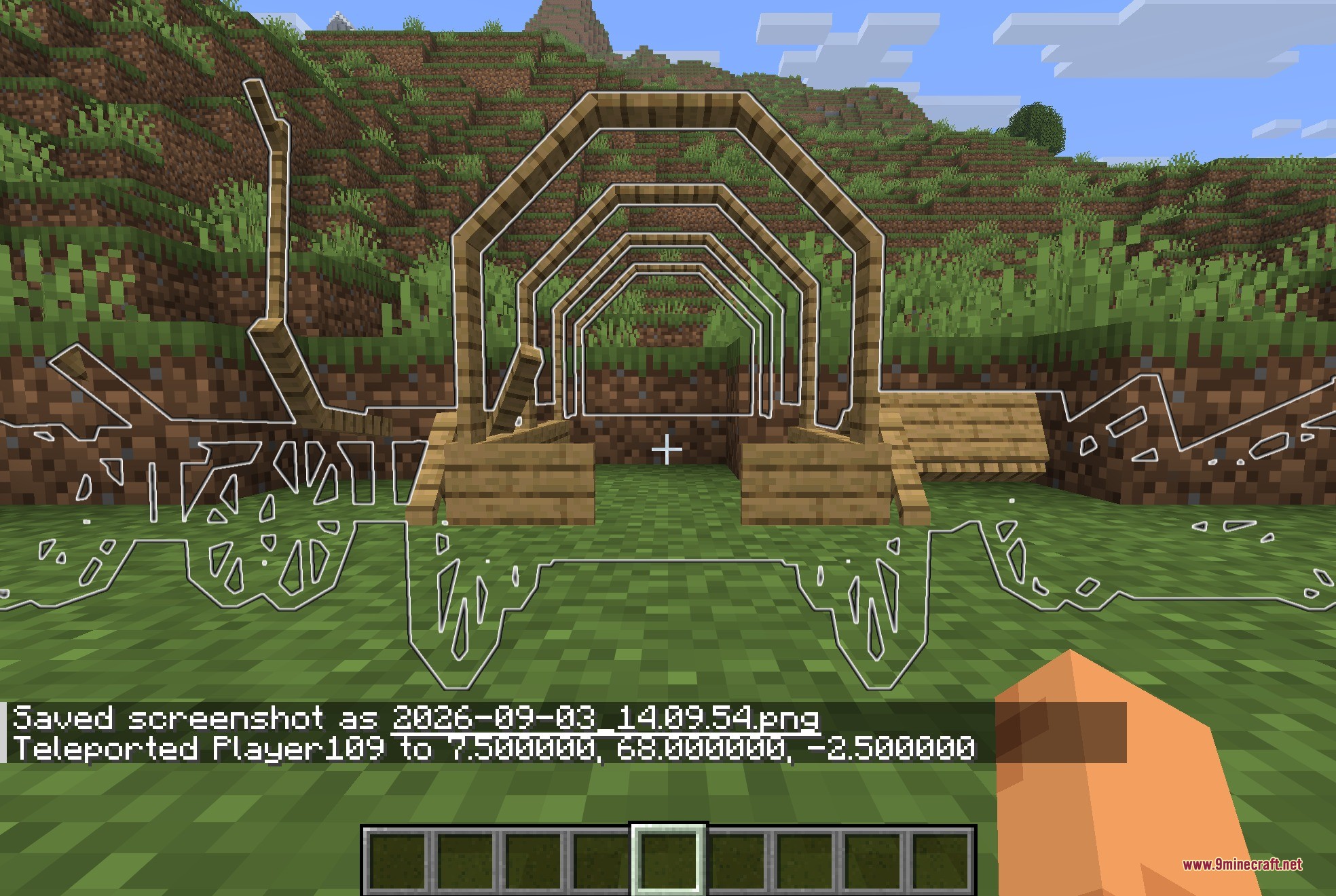 NiftyCarts 9minecraft Mod Screenshot 2 Visualisierung der Hitboxen und Modelle verschiedener Karren auf einer Wiese