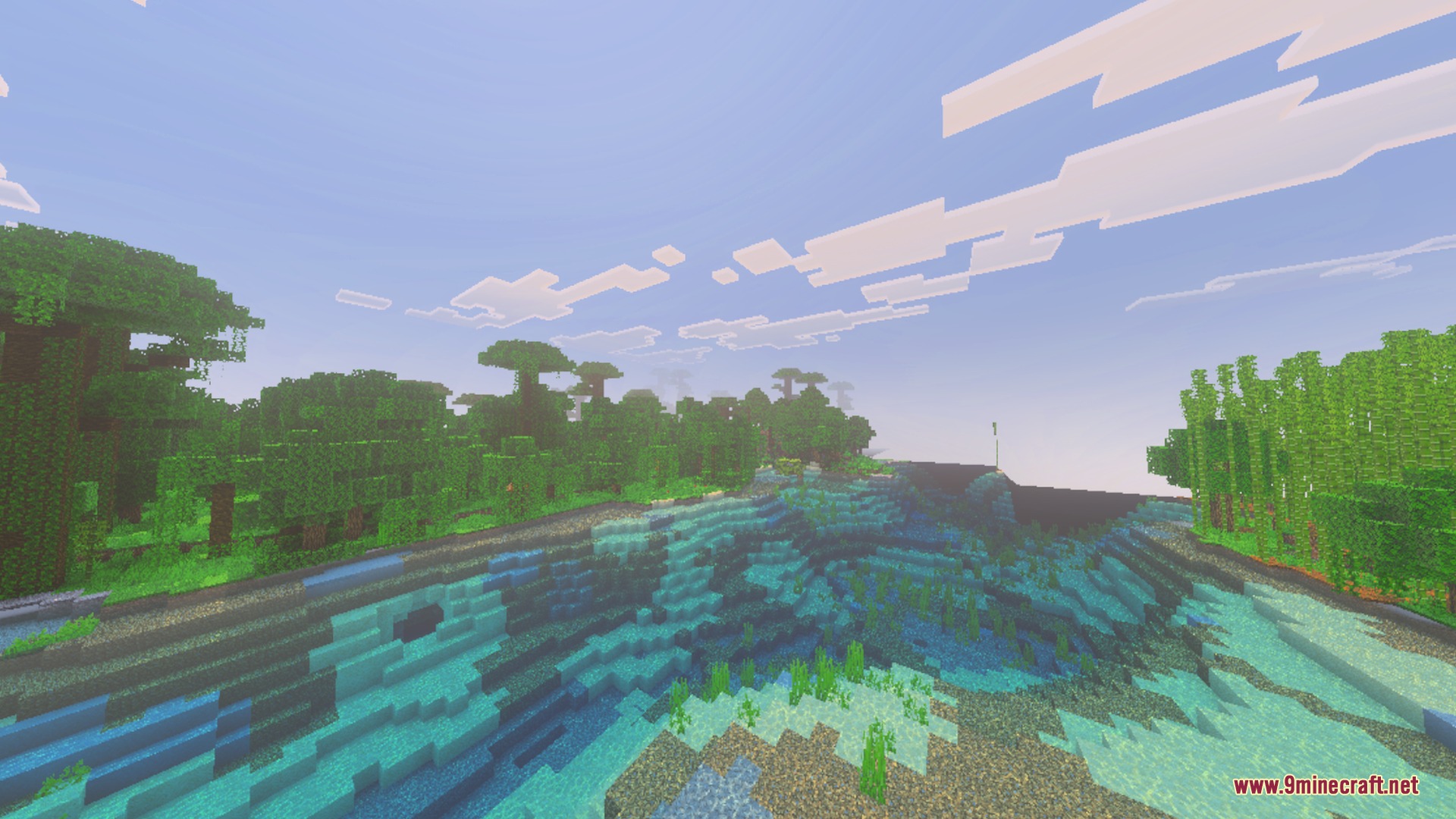 Bright Minecraft jungle biome with bamboo and clear water showing the detailed river bed