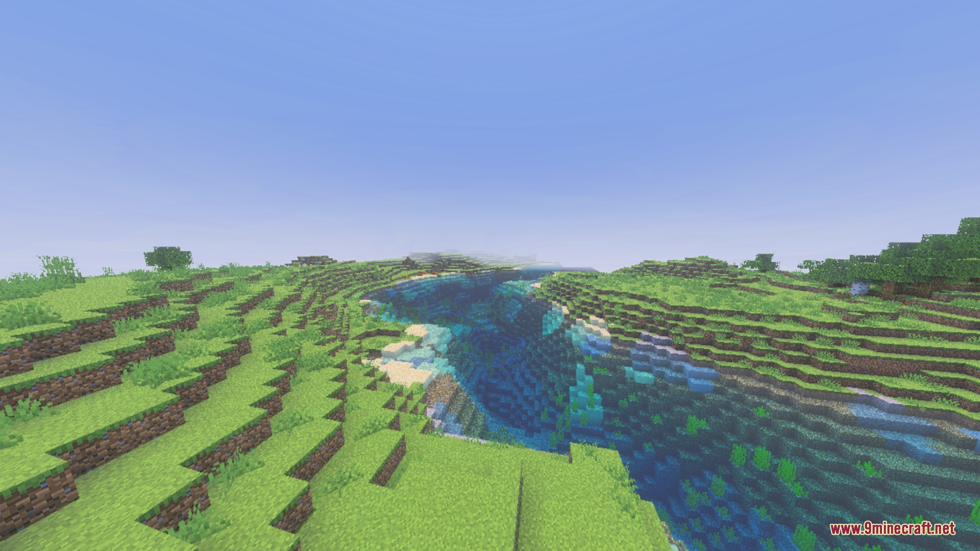 Night vision by baku provides clear visibility in this bright Minecraft landscape view