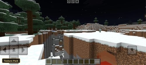 snowy taiga biome at night, with steep cliffs and pine trees