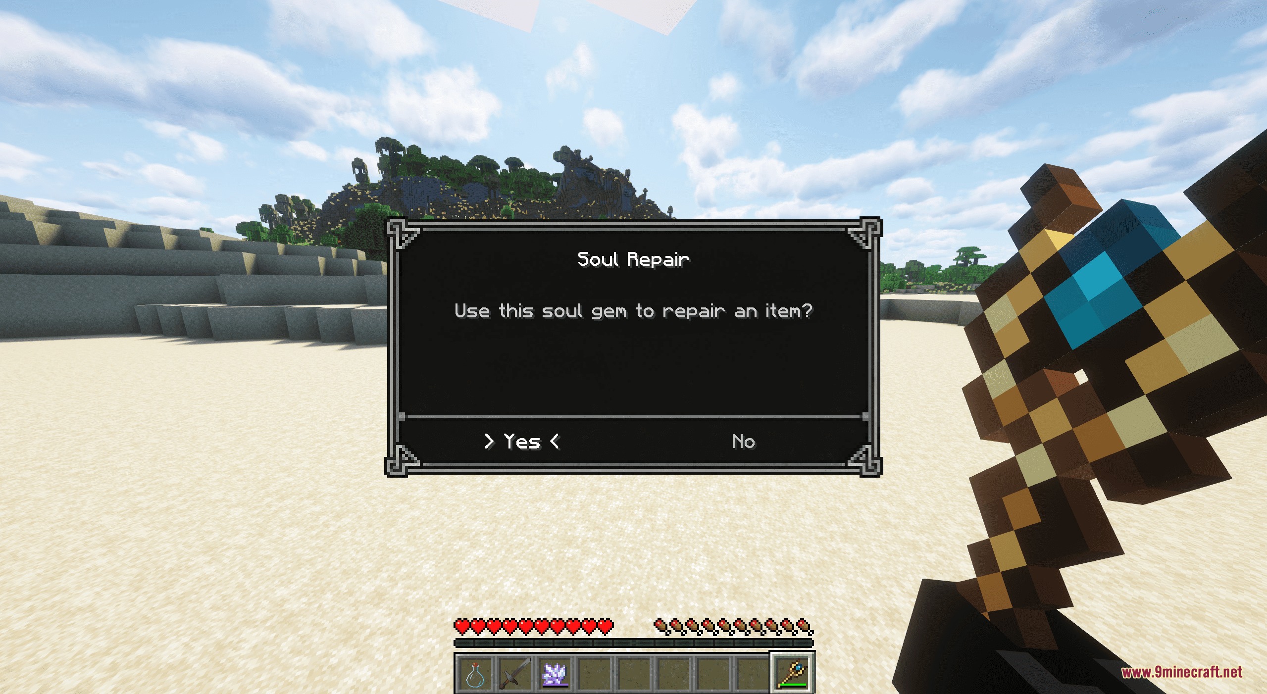 Nirn Soul Alchemy Mod Screenshot 8 A Soul Repair menu prompt appearing while holding a magical staff