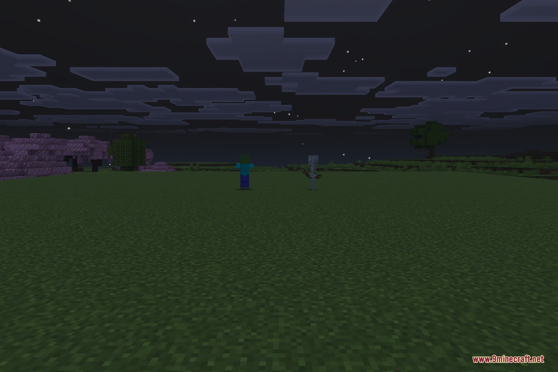 A zombie and a skeleton stand in a clear grassy field at night