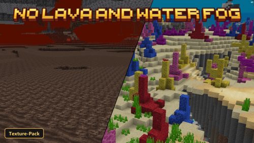 Split image: Nether wastes with no lava fog, and ocean with clear water