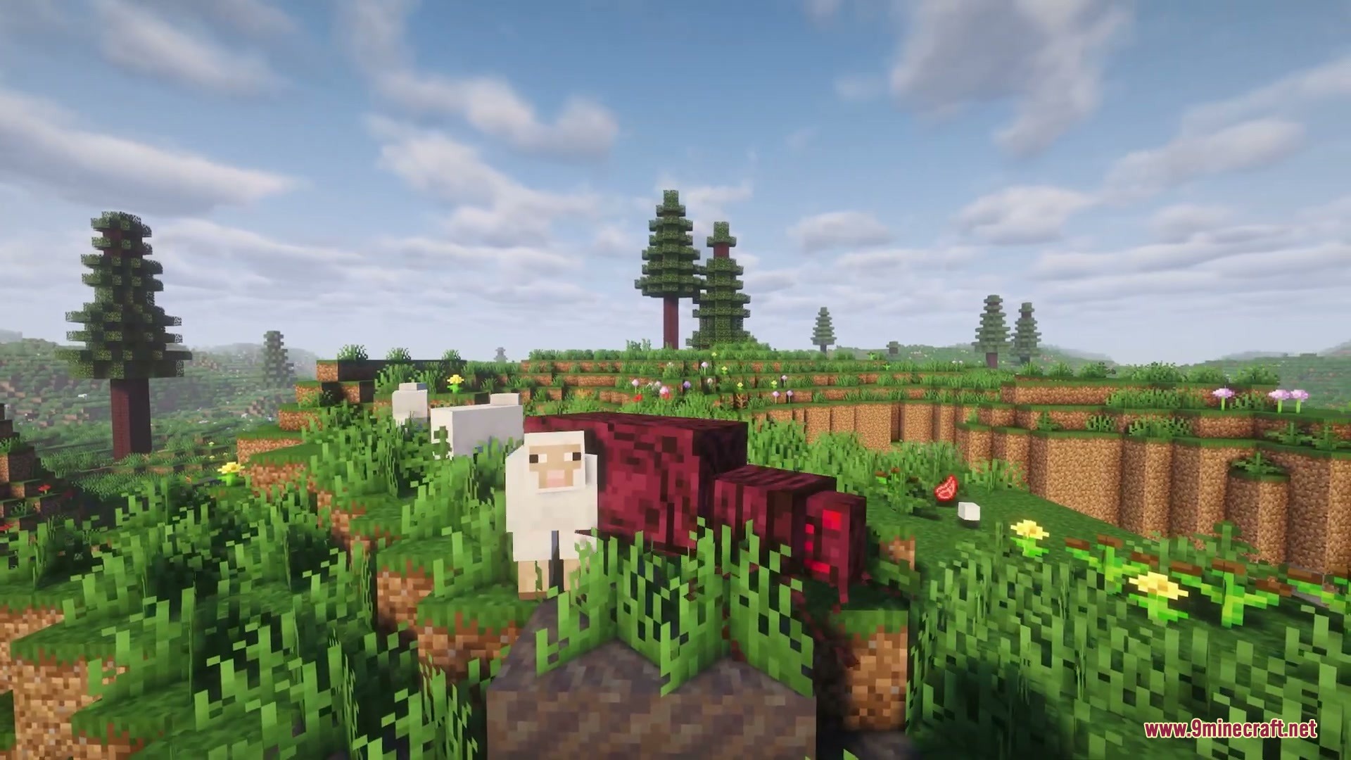 Nomad Horizon Expanded Mod Screenshot 5 A white sheep stands next to a large red prehistoric creature in a field