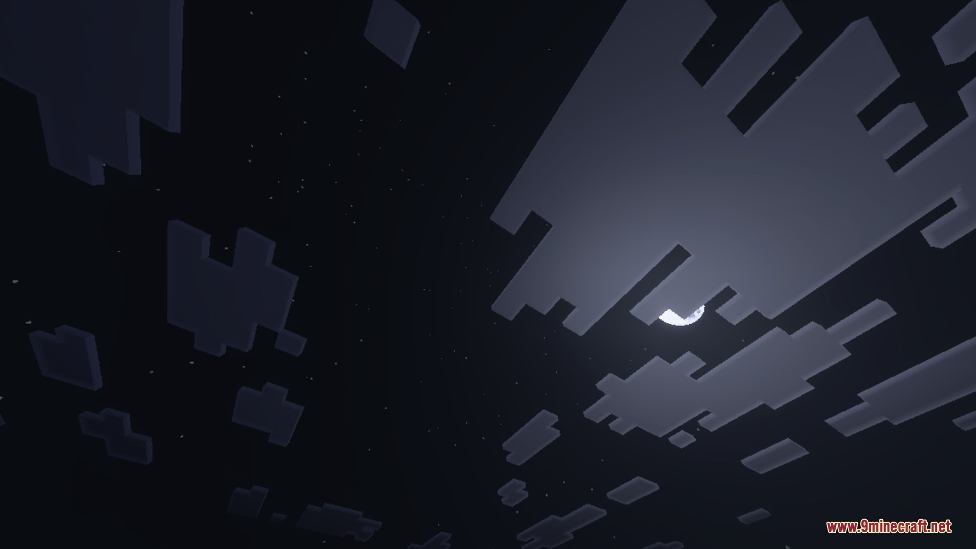 A crescent moon shines through blocky clouds in a dark starry night sky