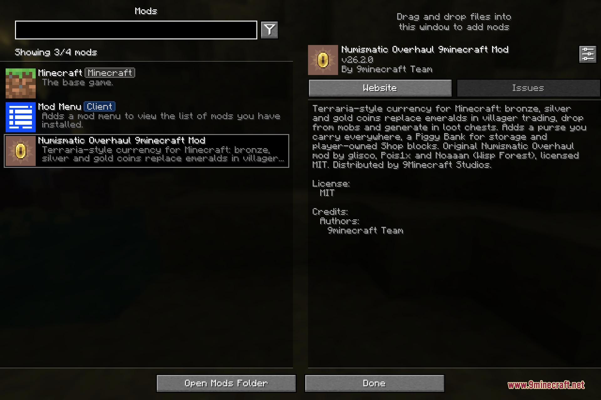 Numismatic Overhaul 9minecraft Mod Screenshot 1 A Minecraft mod menu displaying details for the Numismatic Overhaul mod