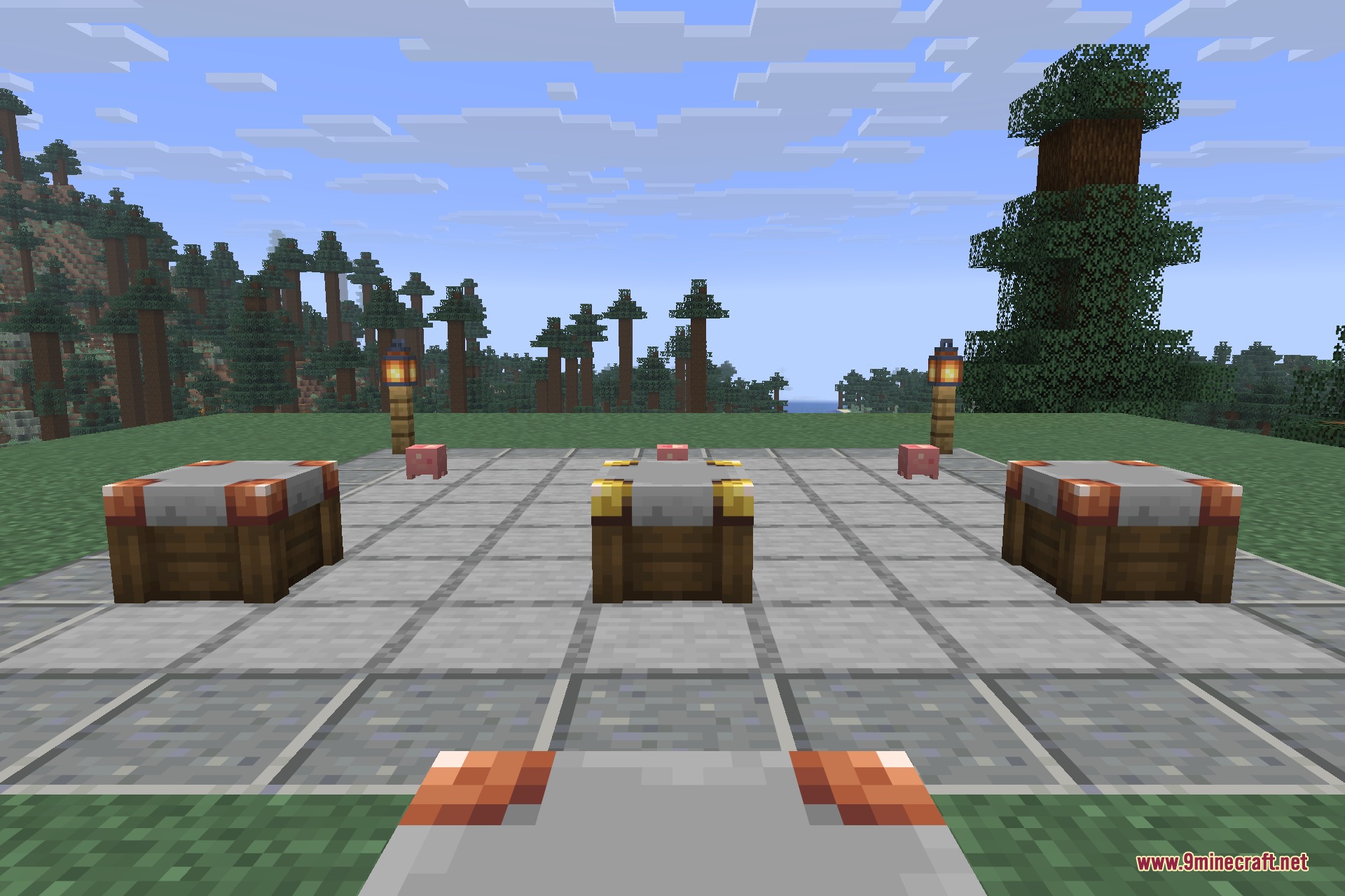 Numismatic Overhaul 9minecraft Mod Screenshot 8 Three shop blocks and two piggy banks placed on a stone platform outdoors