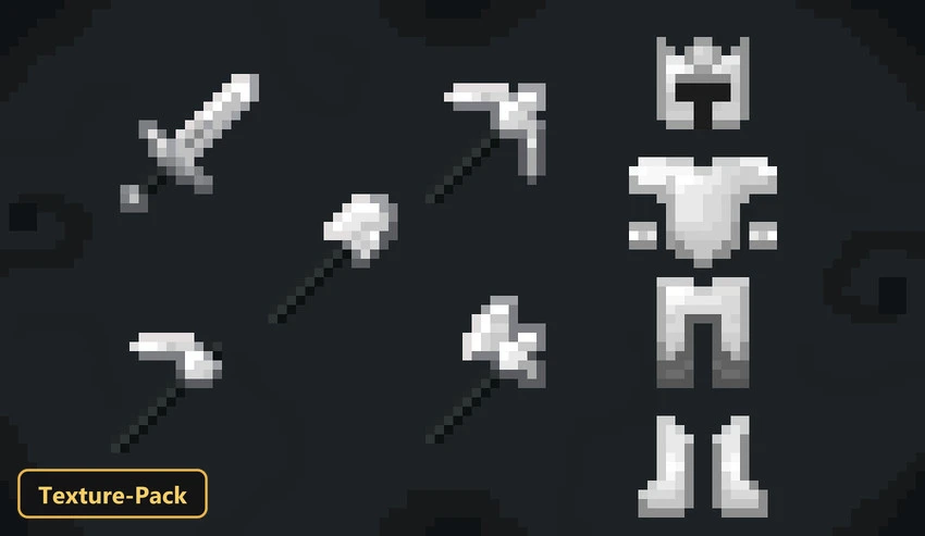 full set of iron tools and armor on dark background