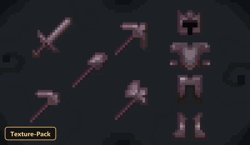full set of netherite tools and armor on dark background