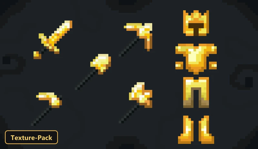 full set of golden tools and armor on dark background