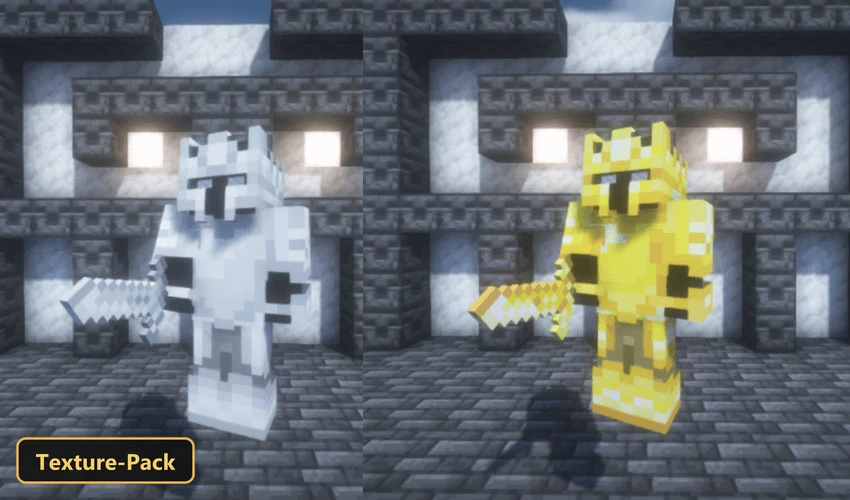 two players in iron and golden armor on stone platform