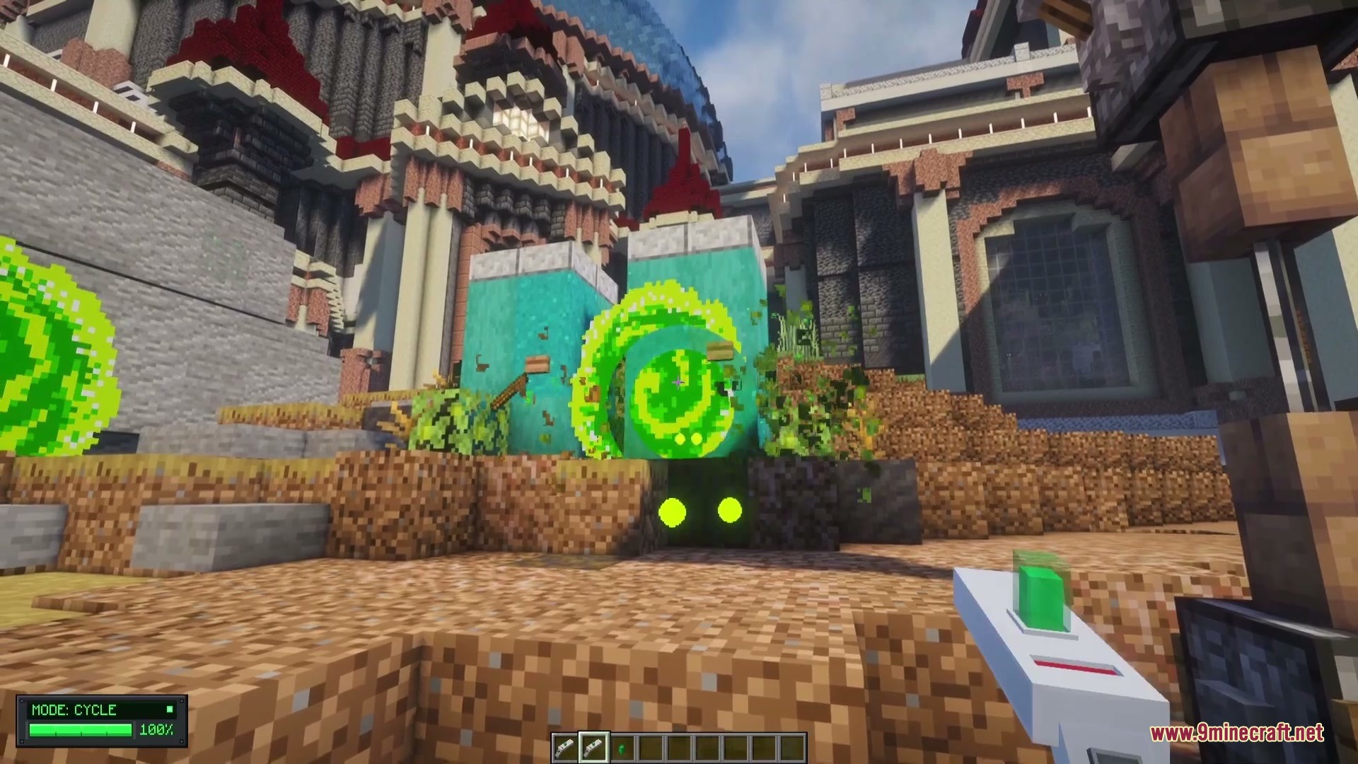 Omni Gear Collection Mod Screenshot 6 A player holding a portal gun device near glowing green circular portals
