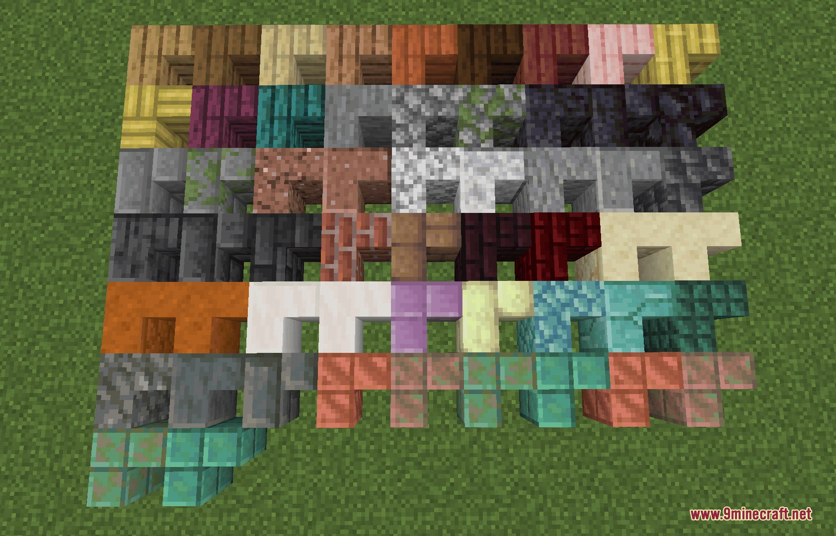 A grid of vertical slabs and sideways stairs from Omniaxis Construction Mod