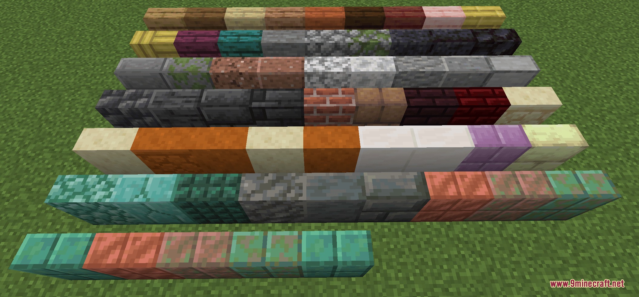Rows of vertical slabs and sideways stairs showcasing different Minecraft block materials