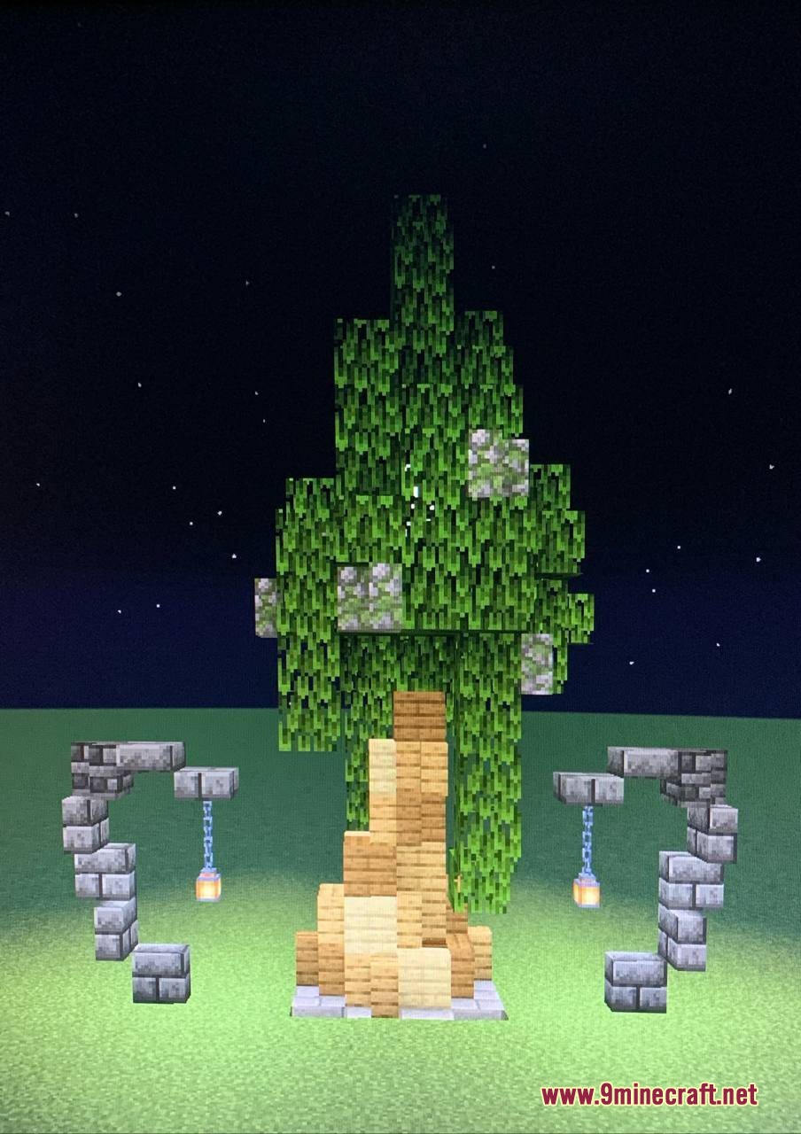 Custom tree built using vertical slabs and sideways stairs under the night sky