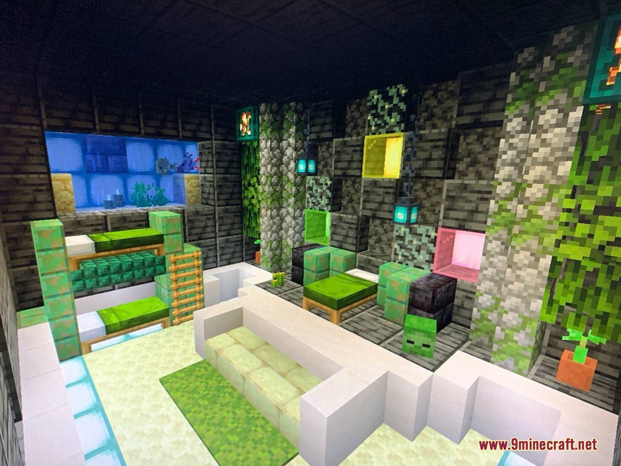 Modern Minecraft bedroom with oxidized copper bunk beds and lush green plants