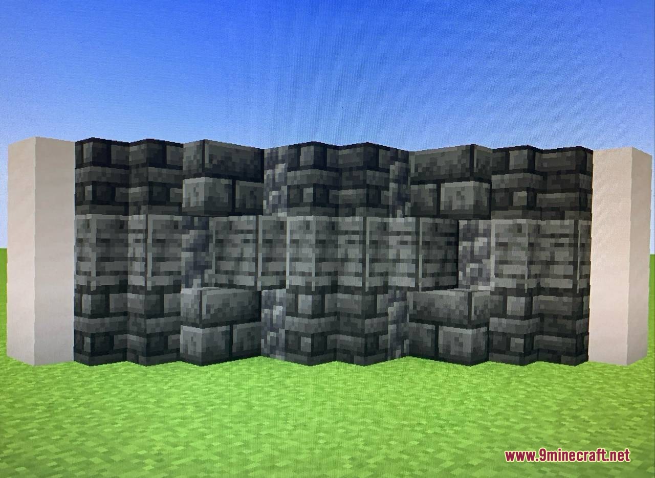 Deepslate brick wall showcasing vertical slabs and sideways stairs in Minecraft