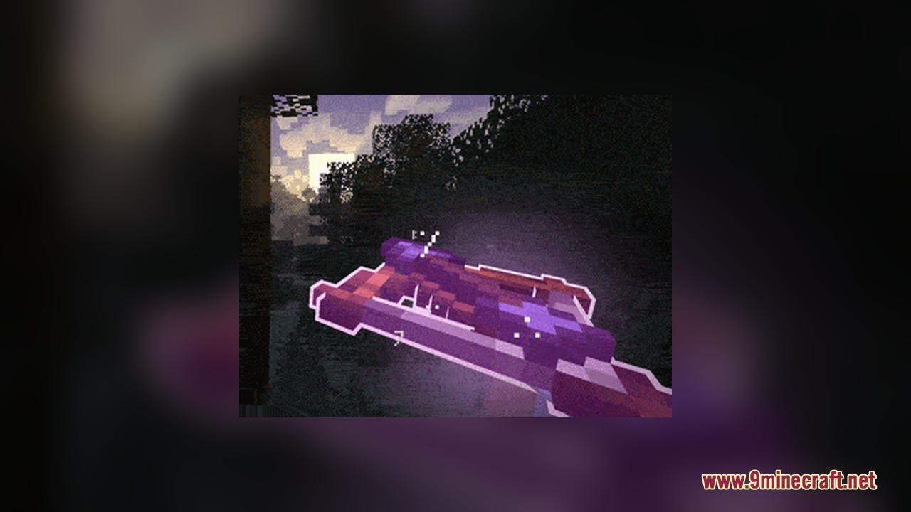 Omnis' Enchantments Resource Pack Screenshot 1 A player holds a glowing purple enchanted crossbow in a dark forest