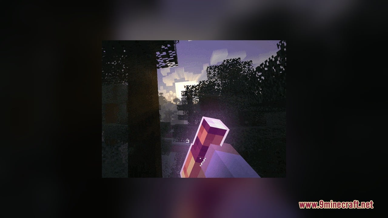 Omnis' Enchantments Resource Pack Screenshot 12 Player holding an enchanted item that emits light in a dark forest environment