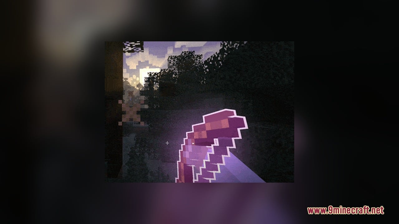 Omnis' Enchantments Resource Pack Screenshot 2 An enchanted bow with a purple outline and arrow being drawn in the woods