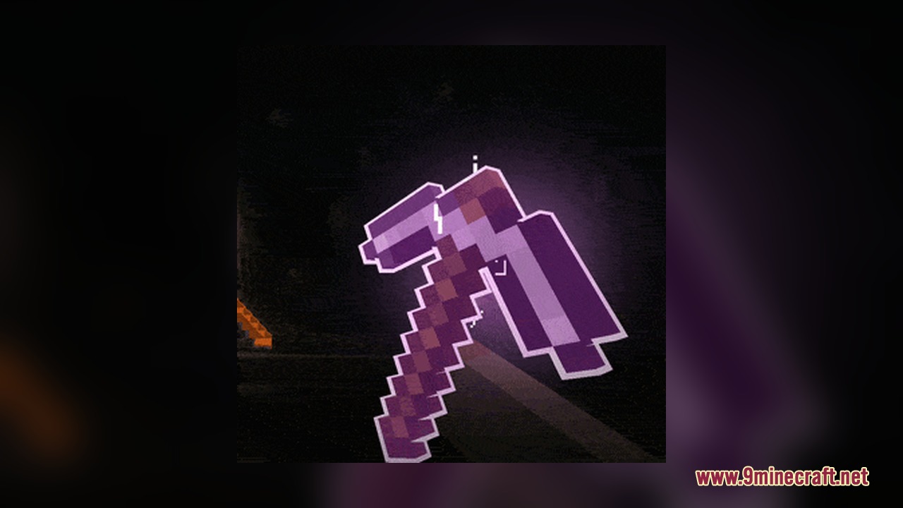 Omnis' Enchantments Resource Pack Screenshot 4 A glowing enchanted pickaxe with purple outlines and runic particles held in a cave