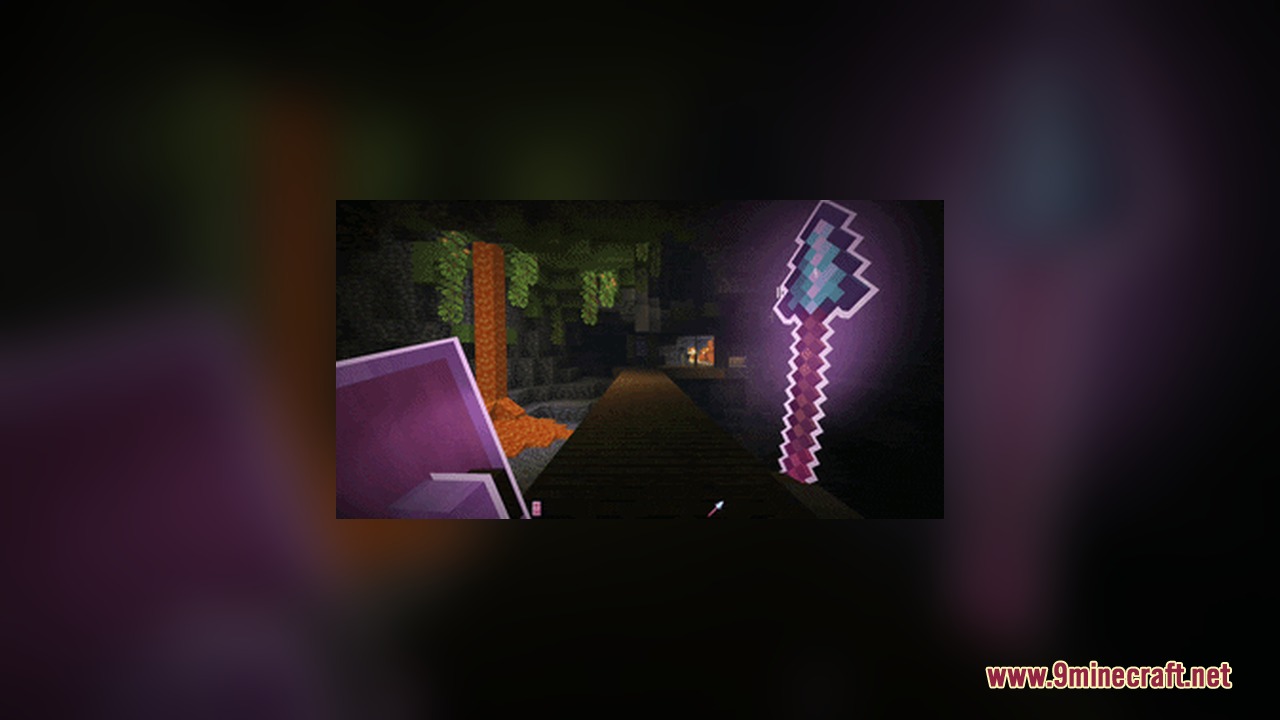 Omnis' Enchantments Resource Pack Screenshot 5 An enchanted trident with a purple glowing outline and runic particles in caves