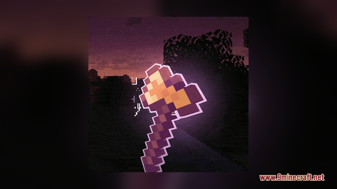 Omnis' Enchantments Resource Pack Screenshot 7 Enchanted golden axe with a glowing purple outline held against a dusk sky