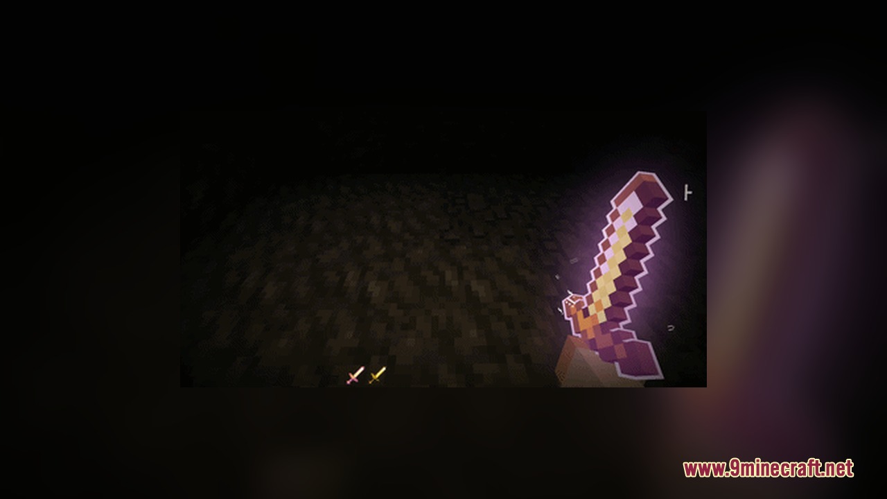 Omnis' Enchantments Resource Pack Screenshot 8 Enchanted golden sword with a purple glow held in a dark cave environment
