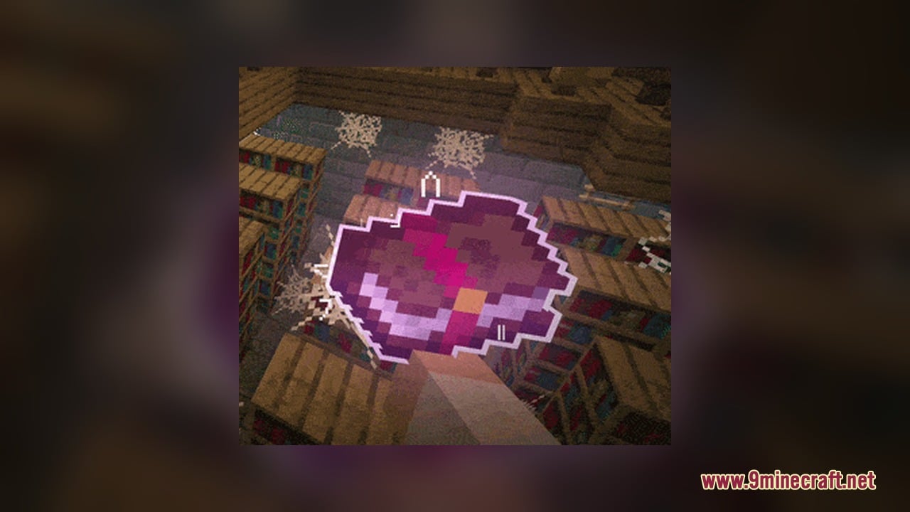 Omnis' Enchantments Resource Pack Screenshot 9 An enchanted book with a purple glow and white outline in a library
