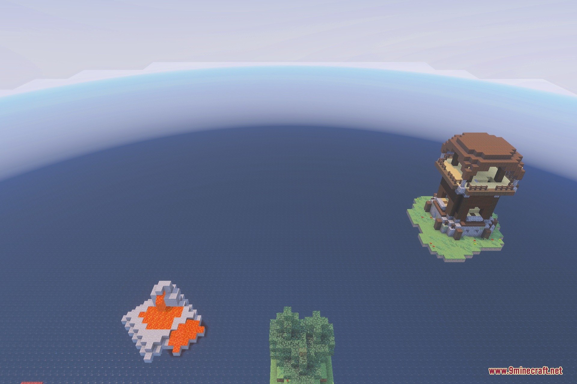 Only Raft World 100 Days Survival Map Screenshot 1 Pillager outpost and lava resource islands floating in a vast Minecraft ocean