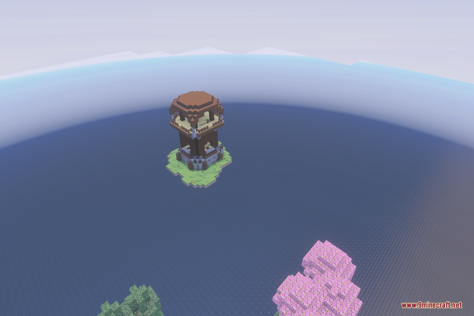 Only Raft World 100 Days Survival Map Screenshot 2 Floating islands with cherry blossom trees and a pillager outpost in the sea
