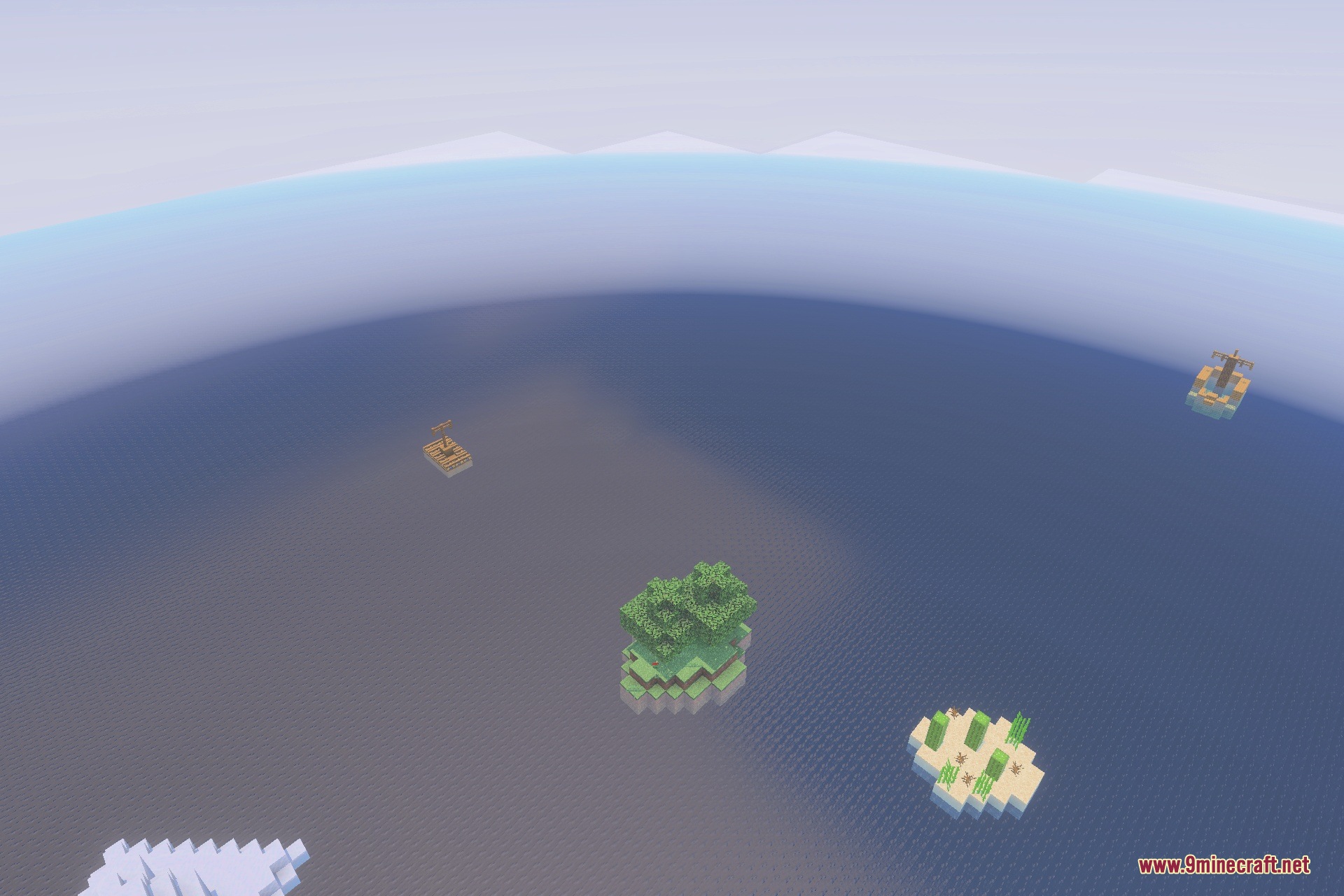 Only Raft World 100 Days Survival Map Screenshot 5 A small raft and tiny islands scattered across a vast ocean world