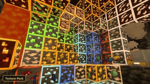 underground cave with many glowing ore blocks and lava