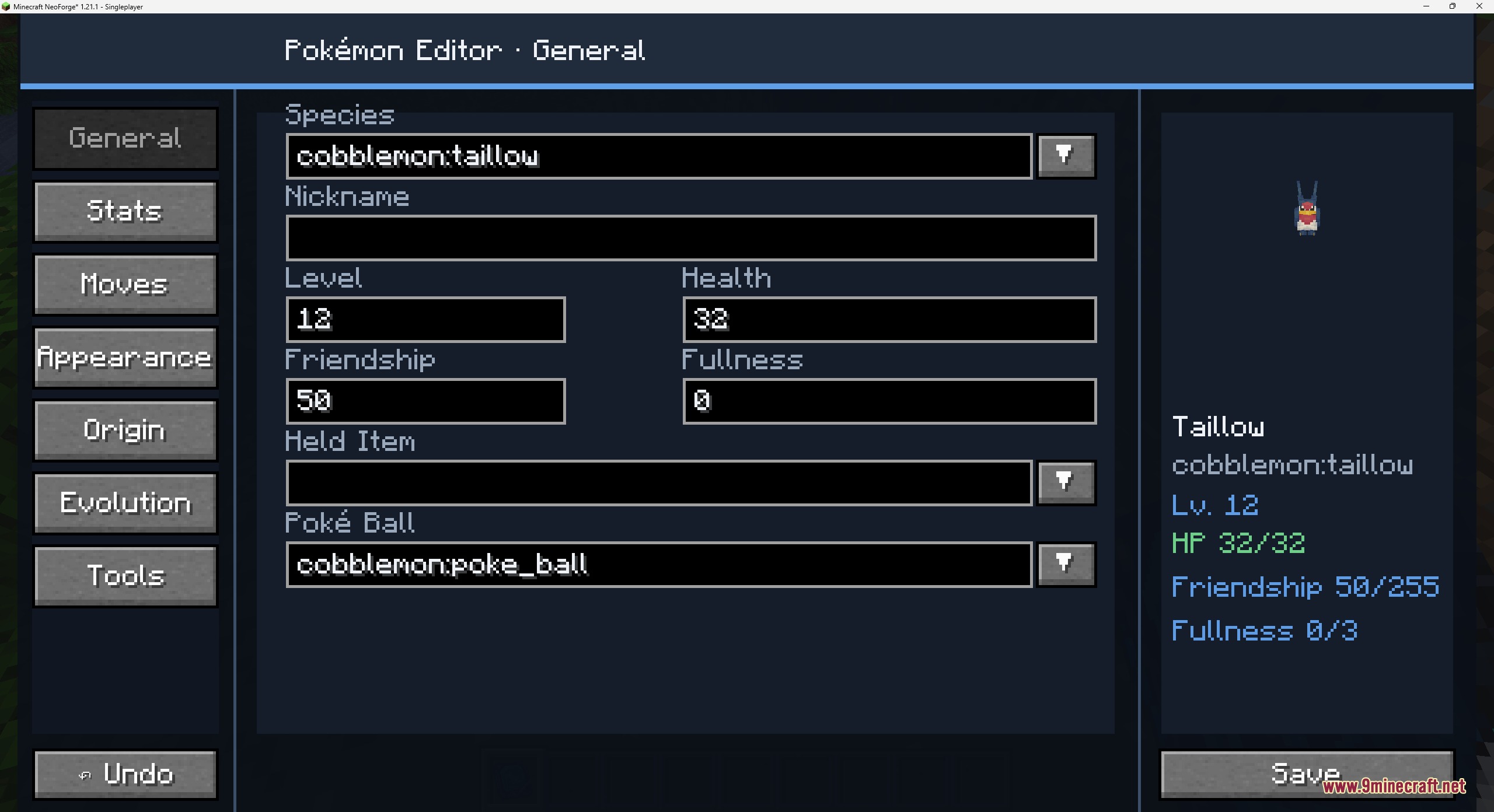 Origin Forge Master Terminal Mod Screenshot 1 A menu showing general information for a Taillow in the Pokemon editor