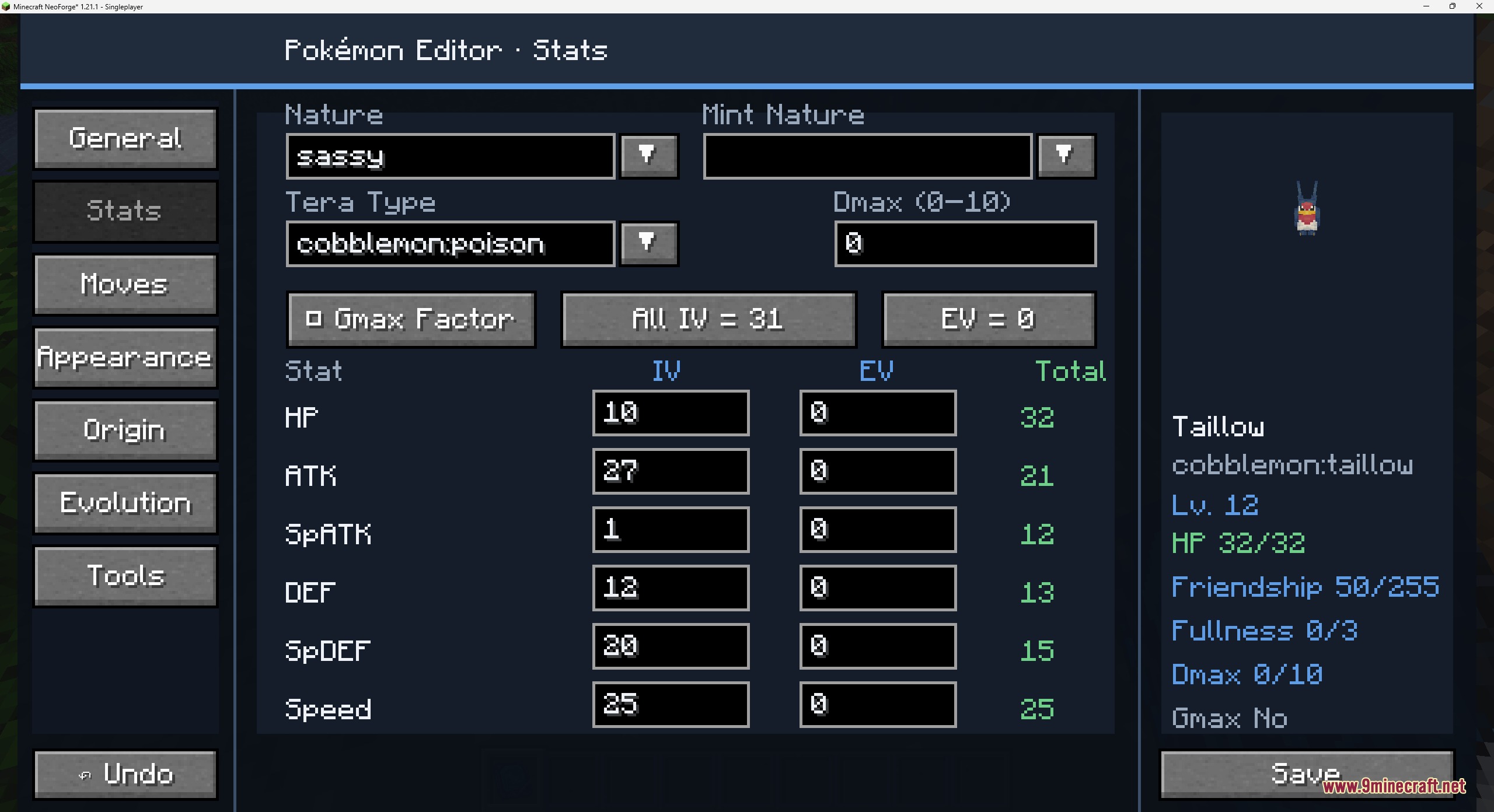Origin Forge Master Terminal Mod Screenshot 2 Modifying individual values and effort values for a Taillow in the stats menu