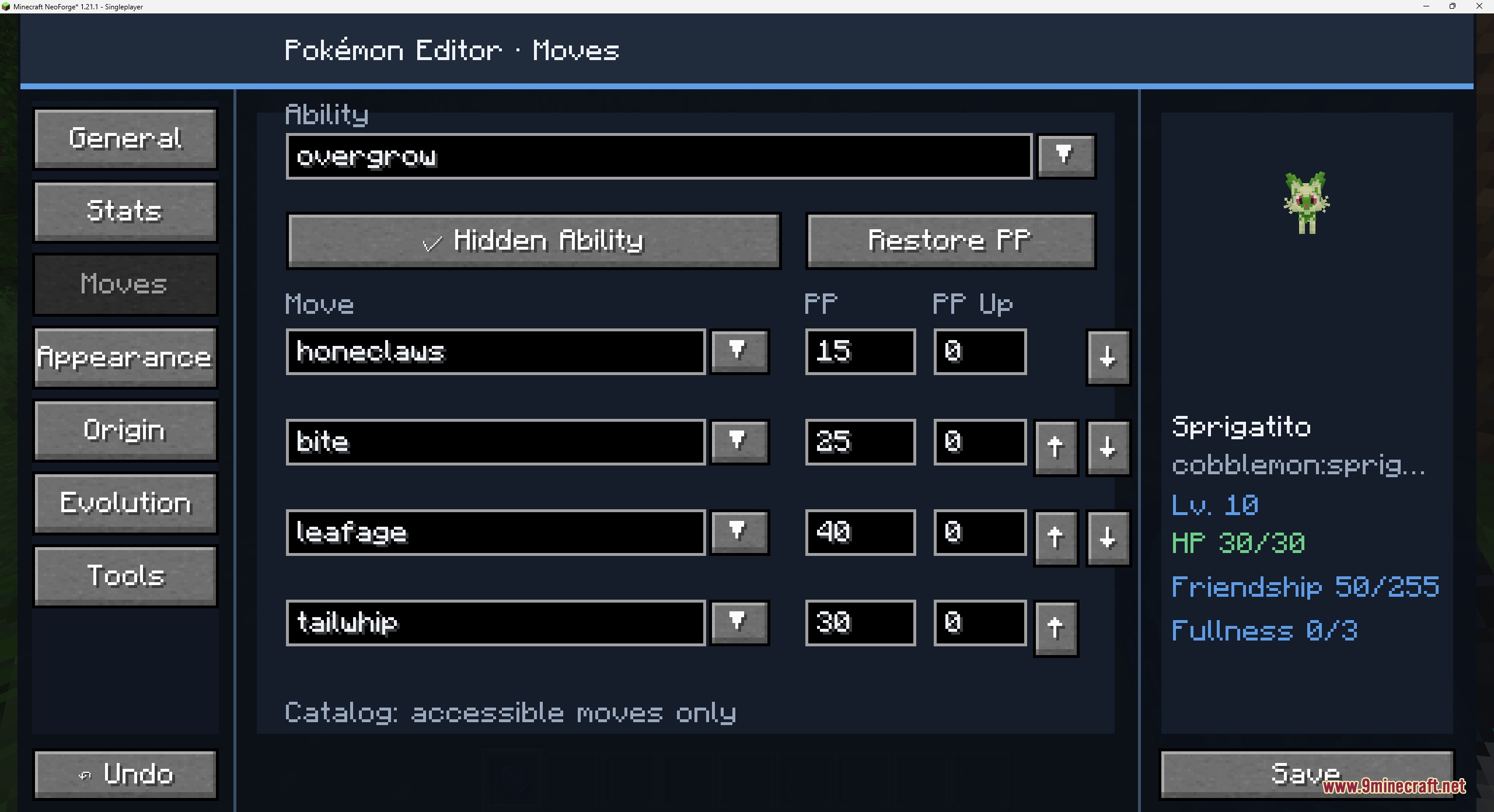 Origin Forge Master Terminal Mod Screenshot 3 Editing the moveset and ability of a Sprigatito in the editor menu