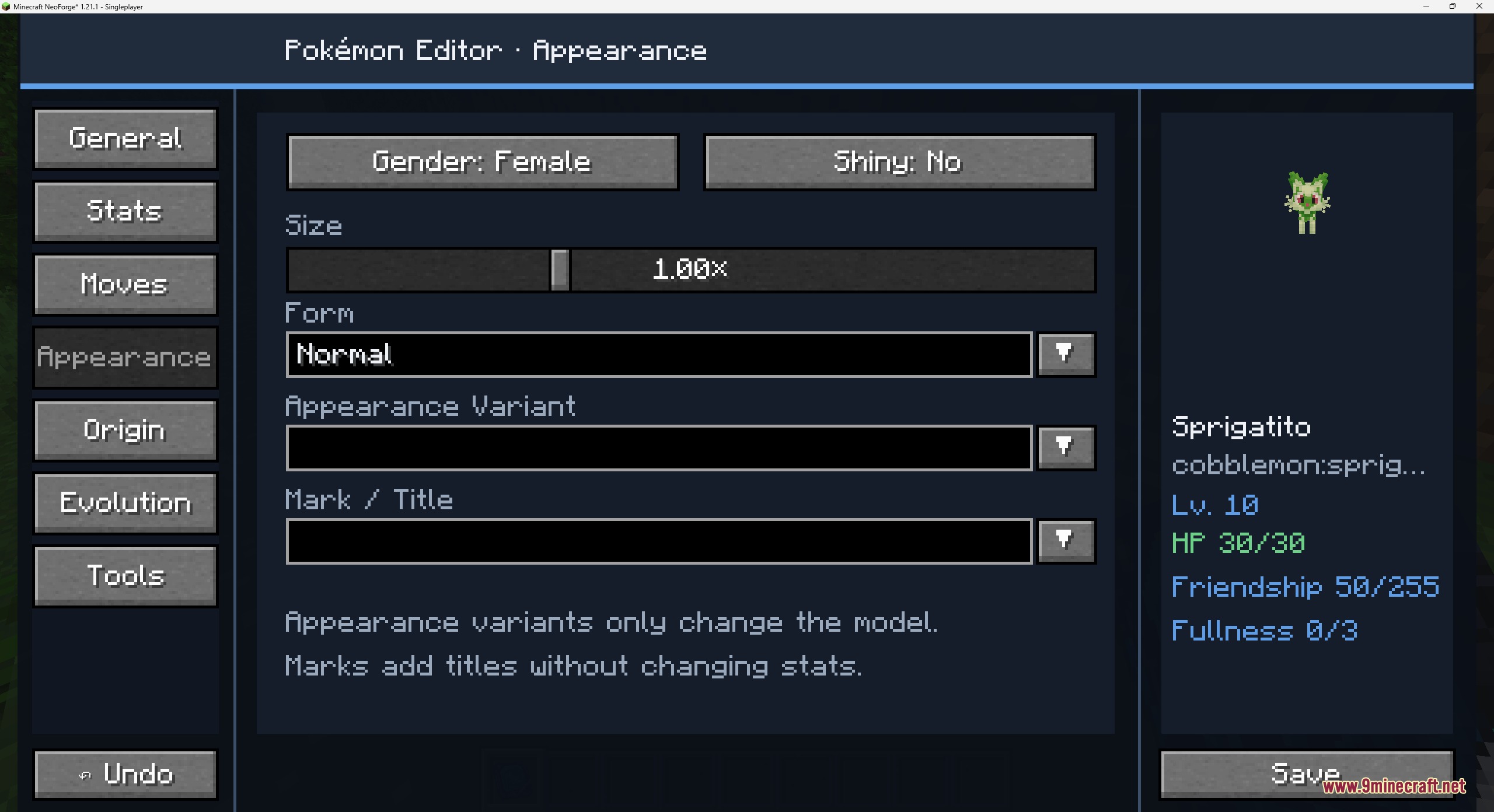 Origin Forge Master Terminal Mod Screenshot 4 Adjusting appearance settings like size and gender for a Sprigatito Pokemon