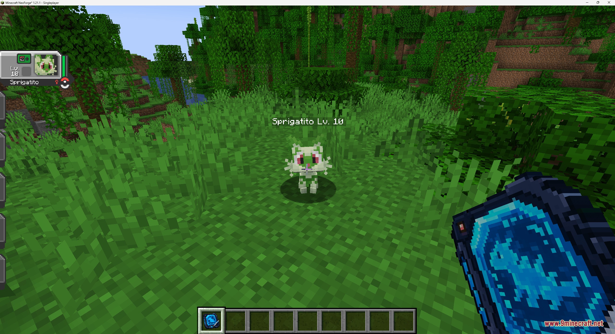 Origin Forge Master Terminal Mod Screenshot 6 Player holding a blue terminal item while looking at a wild Sprigatito