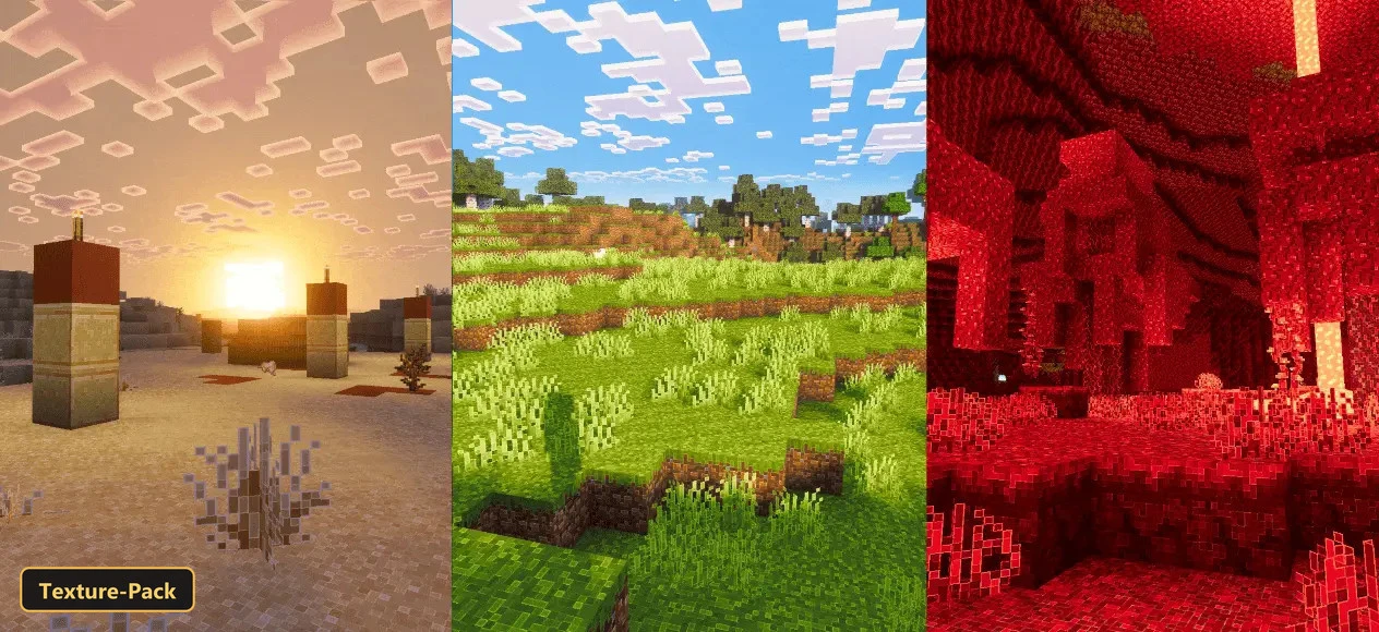 desert sunset, grassy plains, and a red nether cave