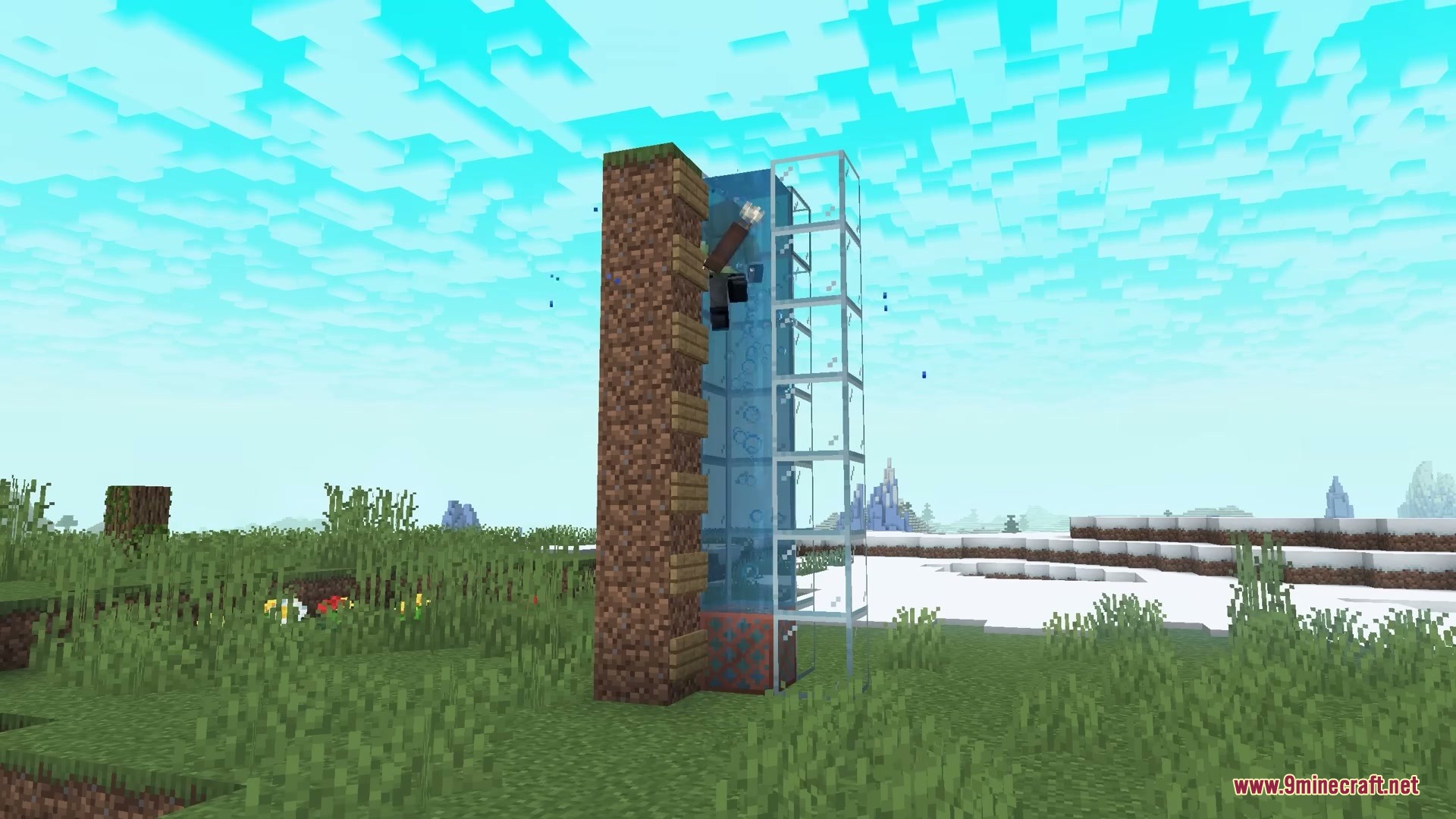 Oxidized Aeration Mod Screenshot 1 Player ascending a glass water elevator with bubbles passing through copper grates