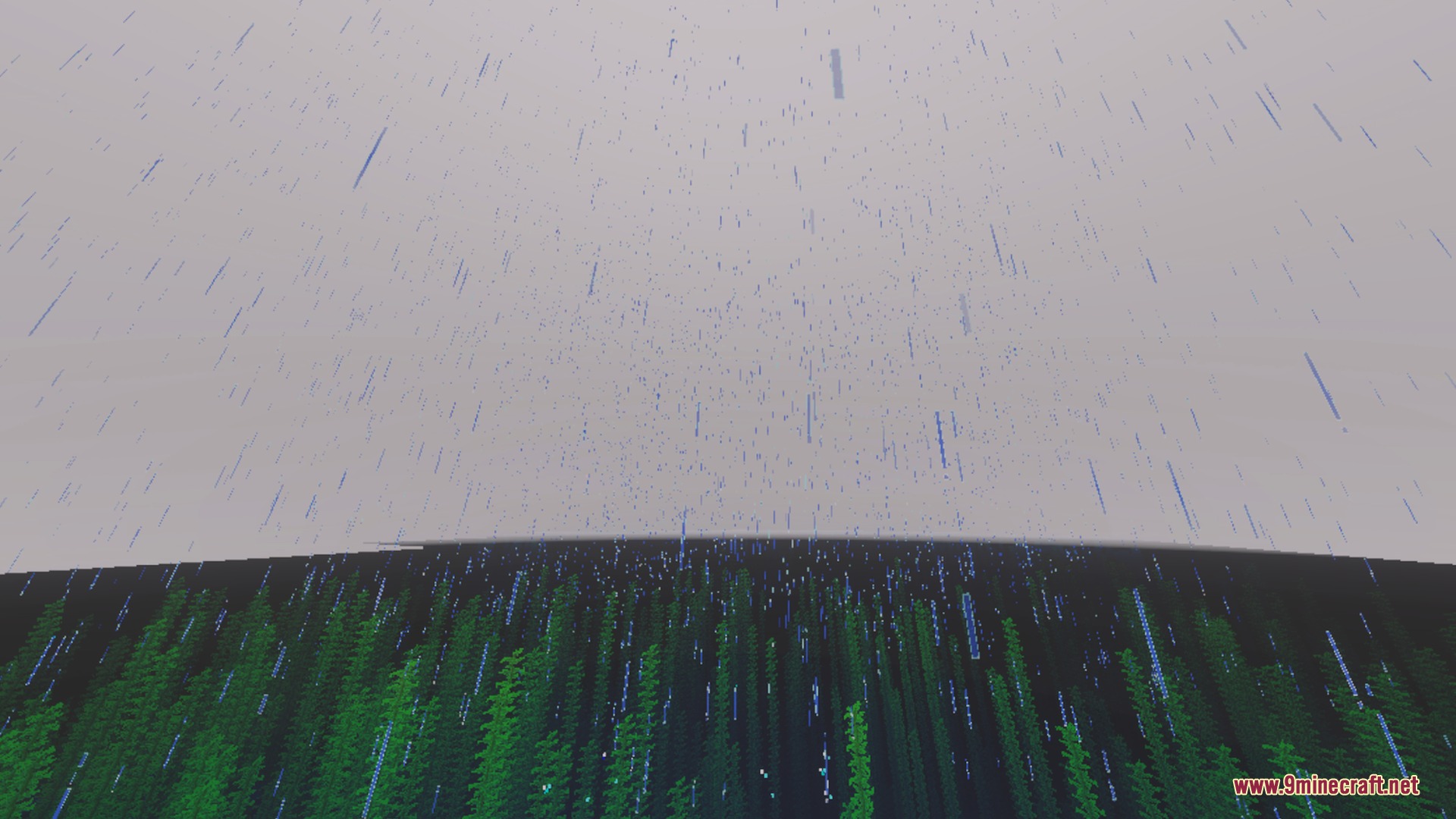 Rain falling over a vast ocean filled with tall green kelp plants