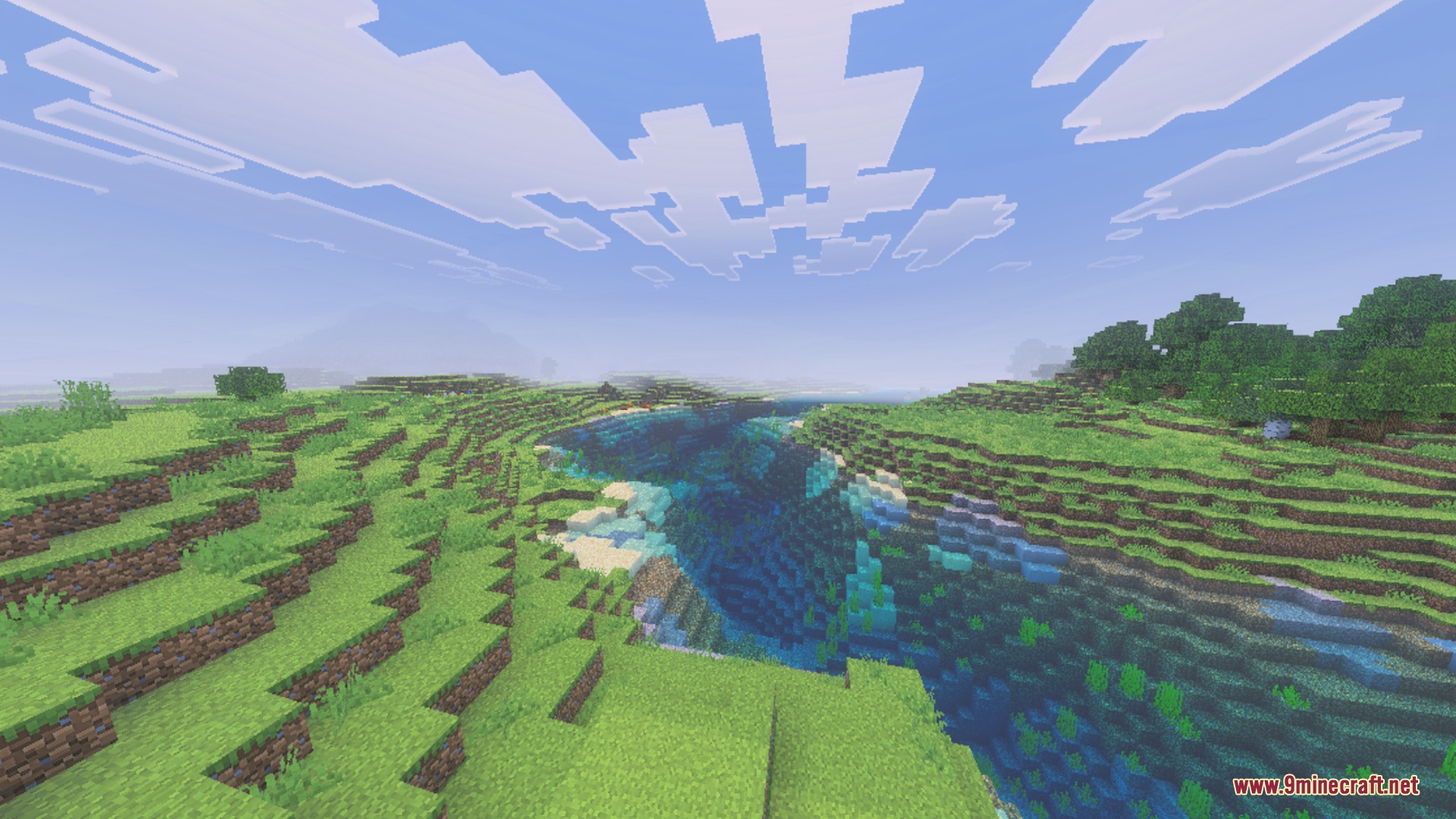 Scenic Minecraft landscape featuring rolling green hills and a vibrant blue river