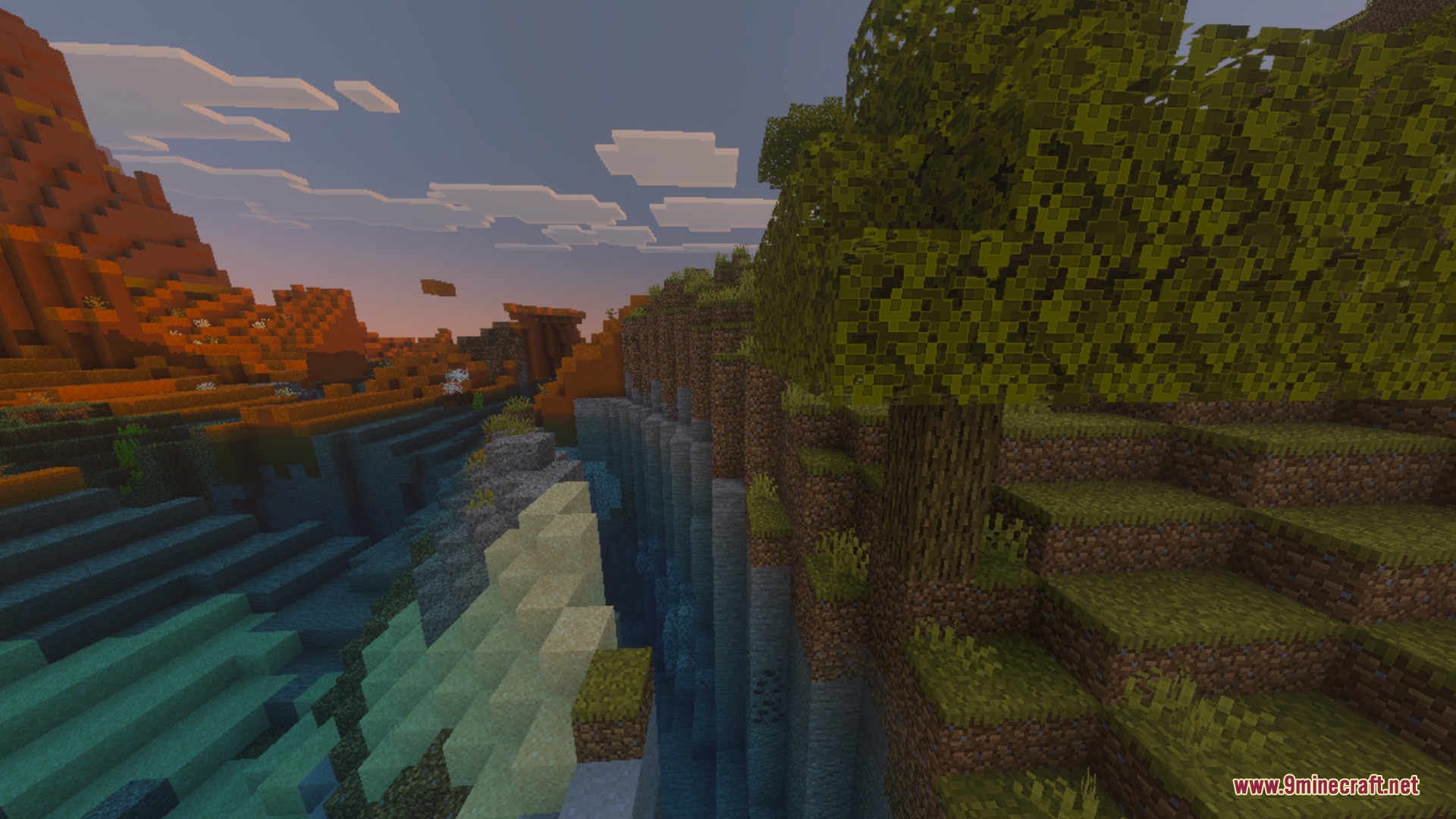A large tree overlooks a deep ravine in a scenic Minecraft sunset landscape