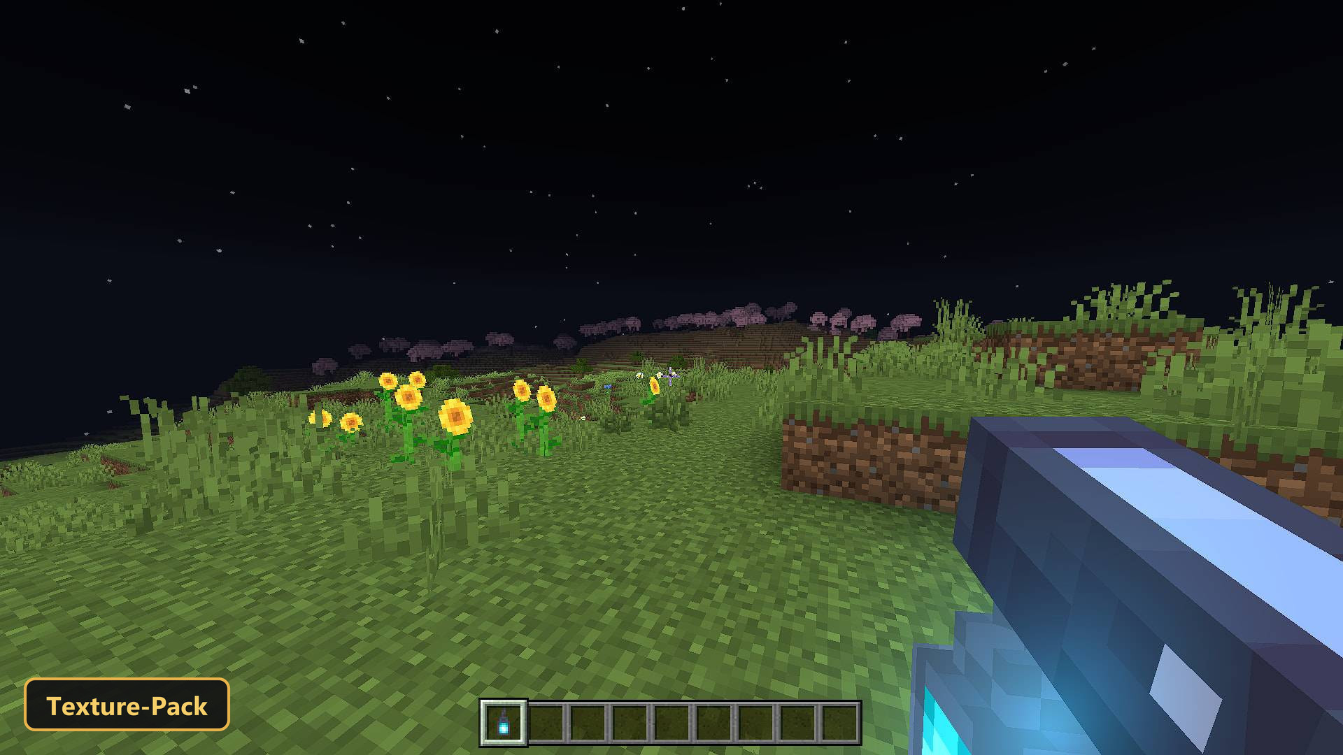 night scene in a field with sunflowers and pink cherry trees