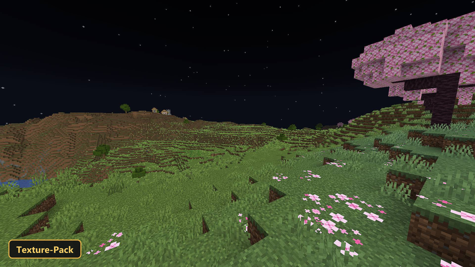 night scene with pink cherry blossoms and distant village