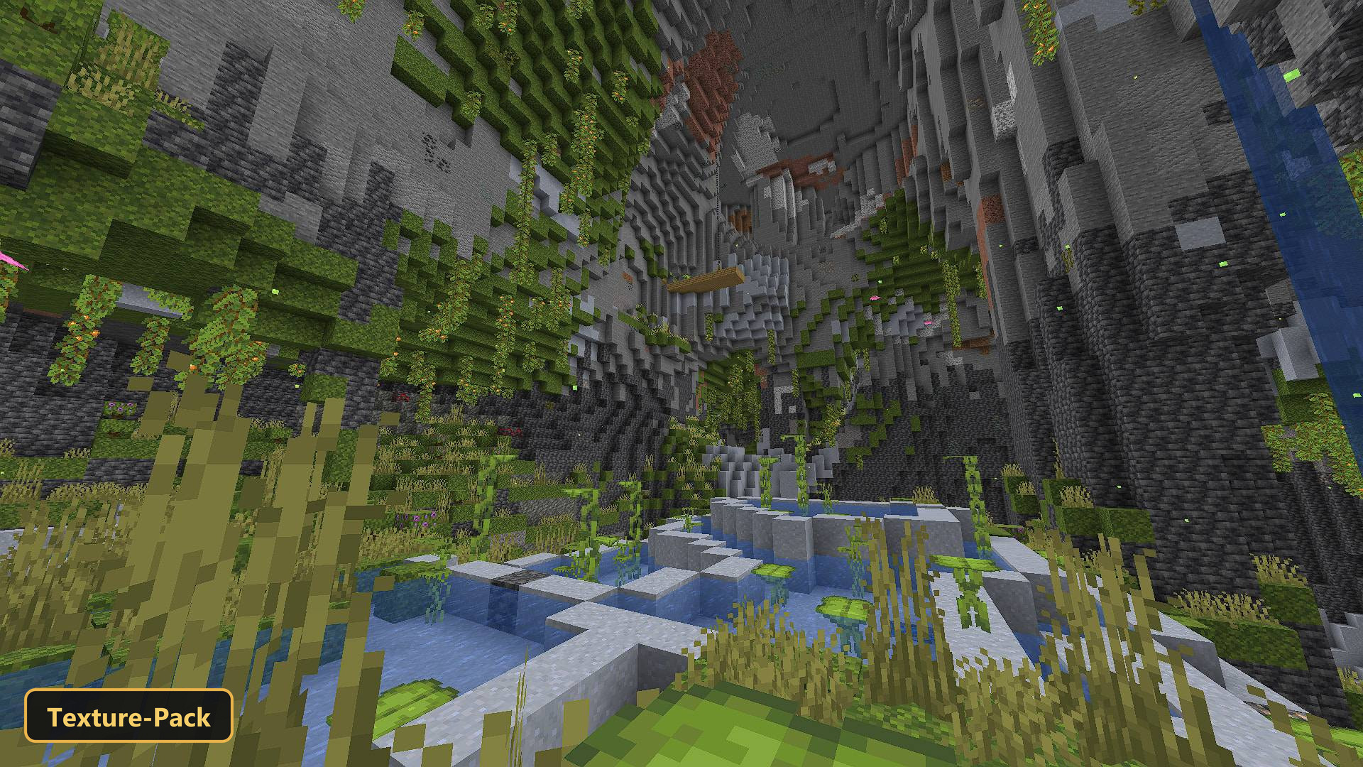 lush cave with water, vines, and tall grass, bright lighting