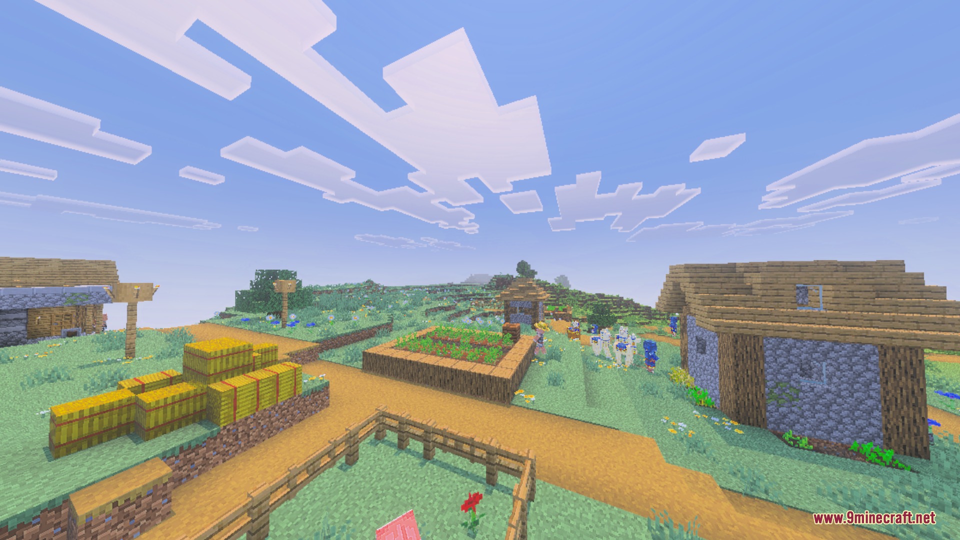 A peaceful Minecraft village with sharp textures and clear distant blocks