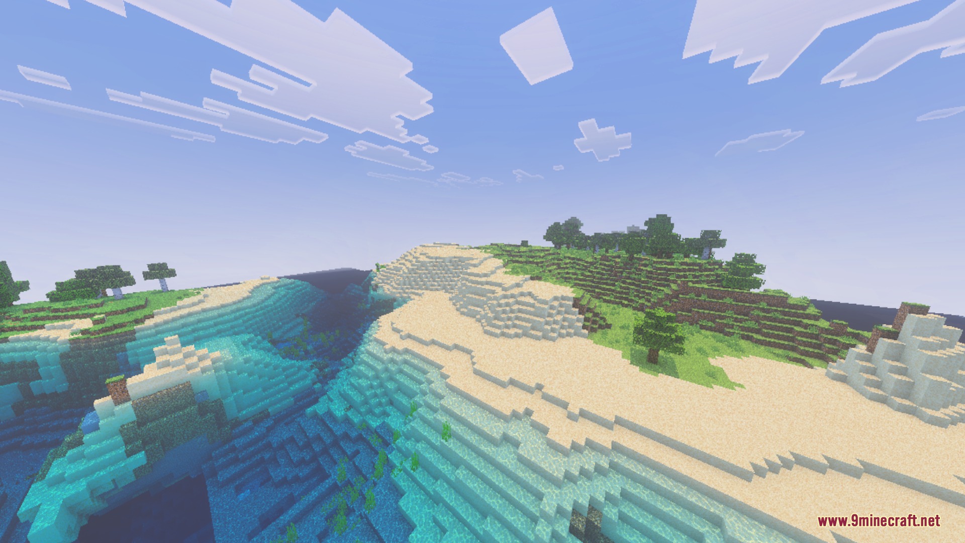 A beautiful Minecraft coastal landscape with sandy beaches and clear blue water