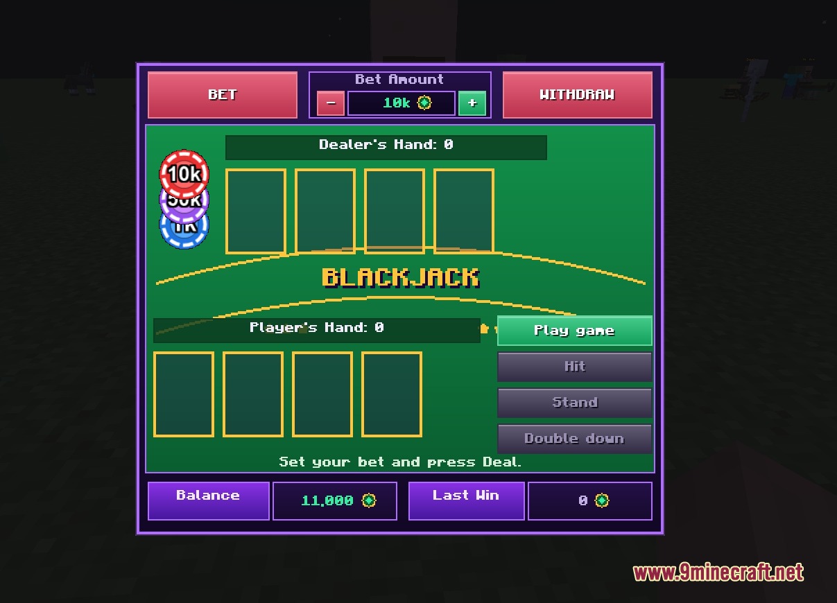 Pinnacle Pocket Bets Mod Screenshot 1 Minecraft user interface for playing blackjack with dealer and player hands