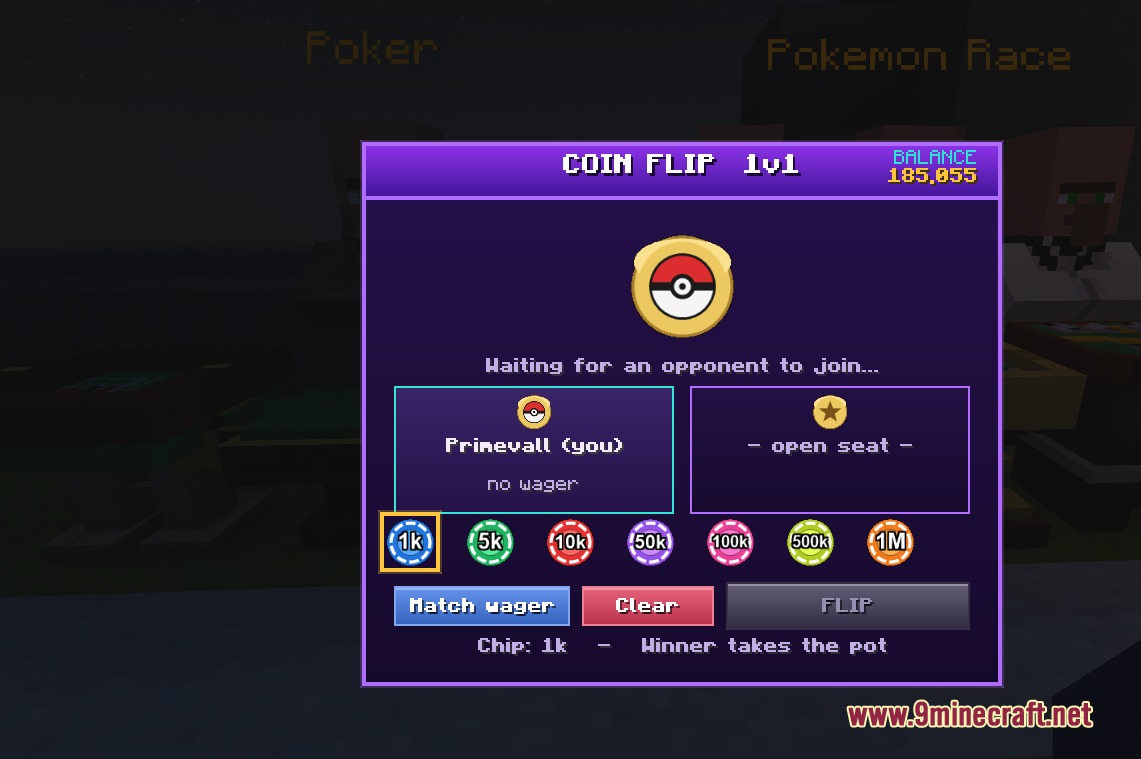 Pinnacle Pocket Bets Mod Screenshot 3 A custom menu for a coin flip minigame with various betting chip options
